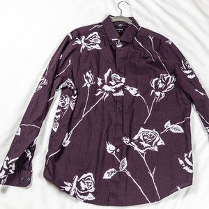 Men's Express Slim Fit Size XL Burgundy Long Sleeve Shirt with White Roses